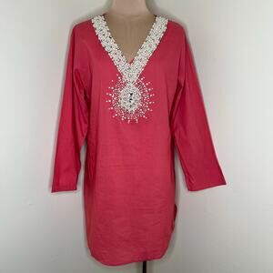 Bokhee New York Tunic Dress XL Womens Rhinestones Pearls V-Neck Long Sleeve New